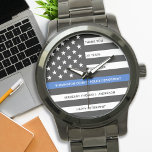Police Retirement Gift Personalized Thin Blue Line Watch<br><div class="desc">Celebrate and show your appreciation to an outstanding Police Officer with this Thin Blue Line Retirement or Anniversary Police Pocket Watch - American flag design in Police Flag colours in a modern black an blue design . Perfect for service awards and Police Retirement gifts and law enforcement retirement. Personalize this...</div>