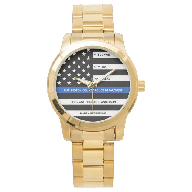 Police Retirement Gift Thin Blue Line Flag Gold Watch (Front)