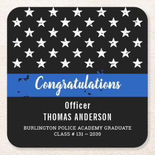 Police Retirement Graduation Party Thin Blue Line Square Paper Coaster