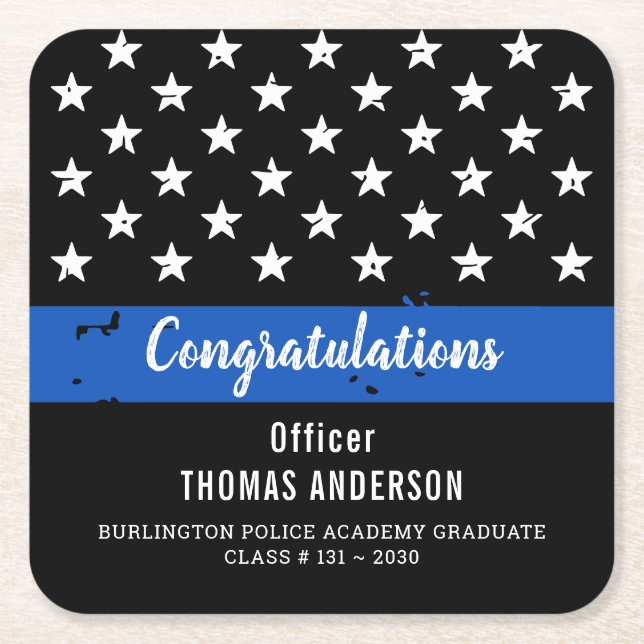 Police Retirement Graduation Party Thin Blue Line Square Paper Coaster (Front)