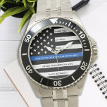 Police Retirement Modern Years Thin Blue Line Watch<br><div class="desc">Celebrate and show your appreciation to an outstanding Police Officer with this Thin Blue Line Retirement or Anniversary Police Pocket Watch - American flag design in Police Flag colours in a modern black an blue design . Perfect for service awards and Police Retirement gifts . Personalize this police retirement watch...</div>