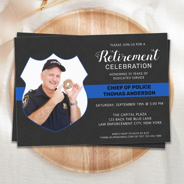 Police Retirement Party Faux Leather Photo Invitation (Creator Uploaded)