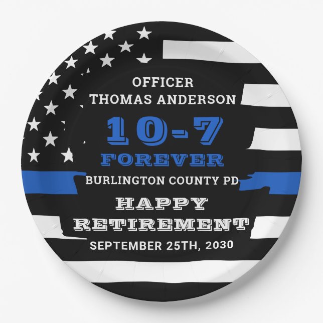 Police Retirement Party Personalize Thin Blue Line Paper Plate (Front)