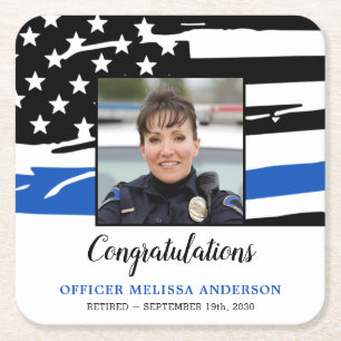 Police Retirement Party Photo Thin Blue Line Square Paper Coaster