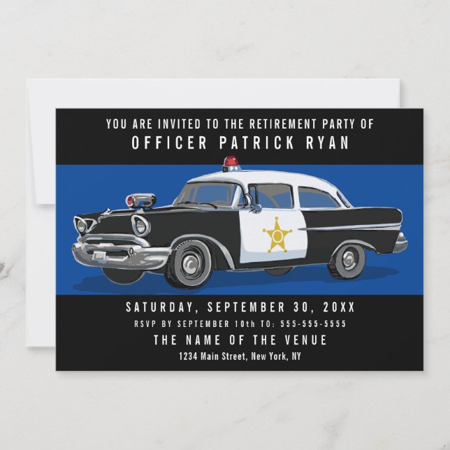 Police Retirement Party Vintage Car Blue Line Invitation (Front)
