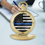 Police Retirement Personalized Thin Blue Line Flag Pocket Watch<br><div class="desc">Celebrate and show your appreciation to an outstanding Police Officer with this Thin Blue Line Retirement or Anniversary Police Pocket Watch - American flag design in Police Flag colours in a modern black an blue design . Perfect for service awards and Police Retirement gifts . Personalize this police retirement watch...</div>