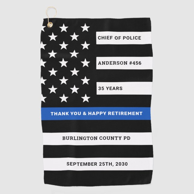 Police Retirement Personalized Thin Blue Line Golf Towel (Front)