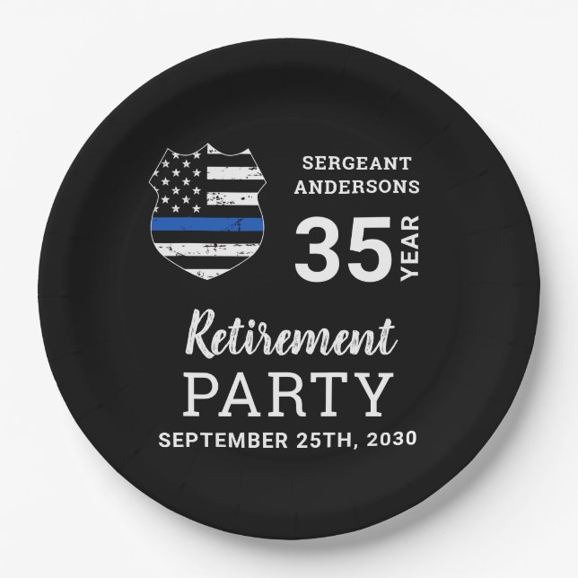 Police Retirement Personalized Thin Blue Line Paper Plate (Front)