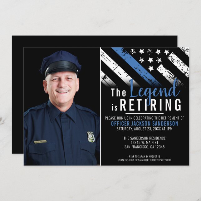 Police Retirement Thin Blue Line Flag Photo Invitation (Front/Back)