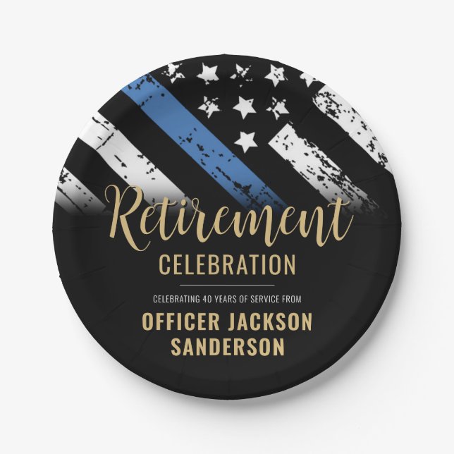 Police Retirement Thin Blue Line Law Enforcement Paper Plate (Front)