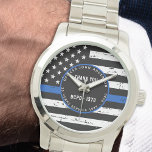 Police Retirement Thin Blue Line Law Enforcement Watch<br><div class="desc">Celebrate and show your appreciation to an outstanding Police Officer with this Thin Blue Line Law Enforcement Retirement Watch - American flag design in Police Flag colours , distressed design . Perfect for service awards and Police Retirement gifts, police anniversary from the police department . Personalize with police officers name,...</div>