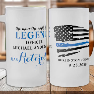 Police Retirement Thin Blue Line Personalized Frosted Glass Beer Mug