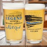 Police Retirement Thin Blue Line Personalized  Glass<br><div class="desc">The Man The Myth The Legend! Thin Blue Line Police Retirement Beer Glass . USA American flag design in Police Flag colours, modern trendy black white and blue design. Personalize with police officers name, department and retirement date. See our collection for matching police retirement invitations, police gifts, police retirement party...</div>