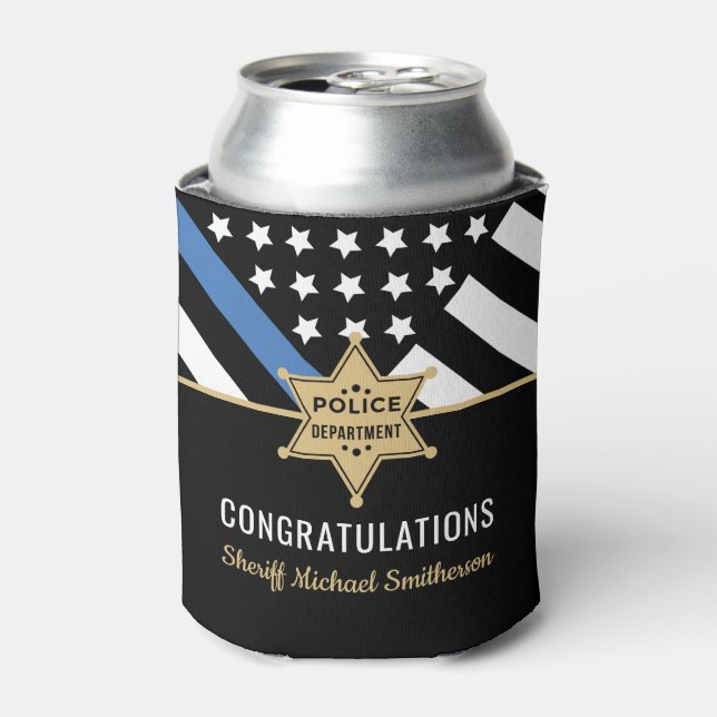 Police Sheriff Retirement Thin Blue Line Flag Can Cooler (Can Front)
