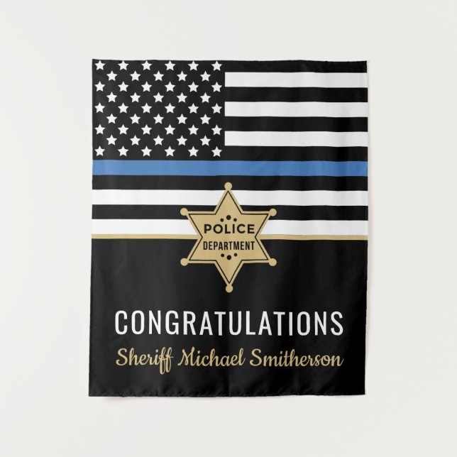 Police Sheriff Retirement Thin Blue Line Flag Tapestry (Front)