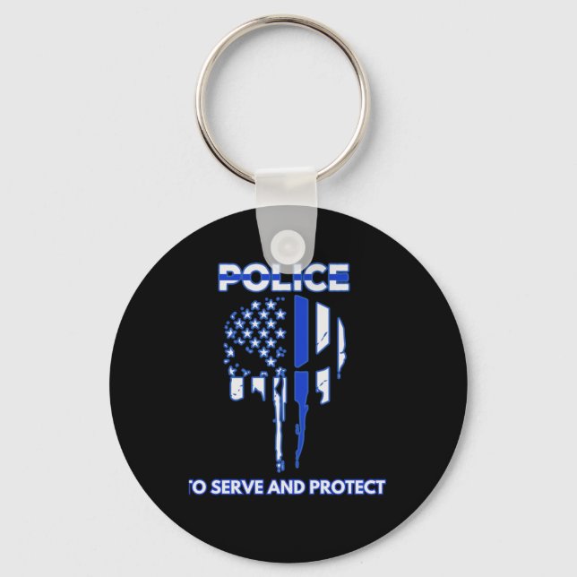 Police Skull Design Tribute With Blue Line  Keychain (Front)