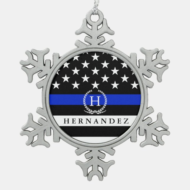 Police Styled American Flag Customized Monogram Snowflake Pewter Christmas Ornament (Front)