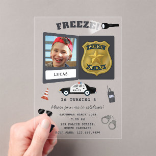 Police Themed Policeman Cop Badge Photo Birthday Acrylic Invitations