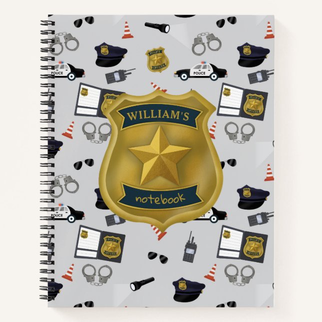 Police Themed Policeman Cop Kids Name Notebook (Front)