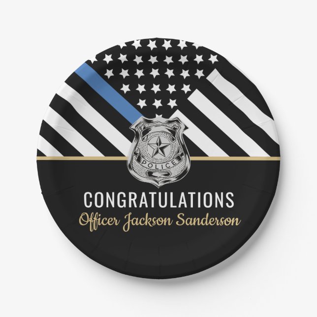 Police Thin Blue Flag Congratulations Retirement Paper Plate (Front)