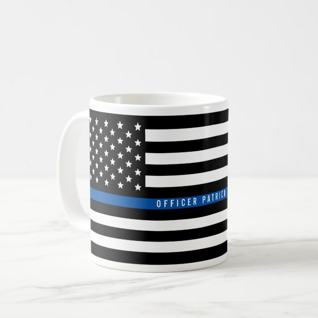 Police Thin Blue Line American Flag Add Name Coffee Mug (Front Left)