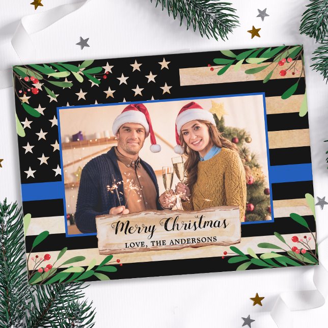  Police Thin Blue Line American Flag Christmas Holiday Postcard (Creator Uploaded)