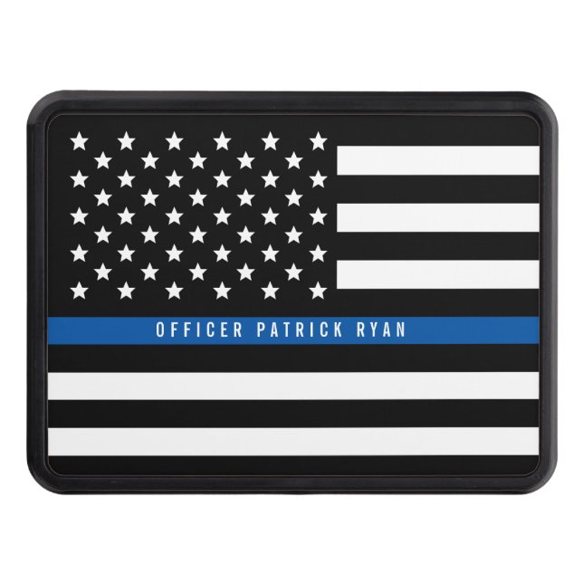 Police Thin Blue Line American Flag Custom Name Trailer Hitch Cover (Front)