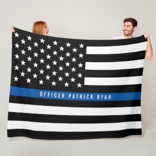 Police Thin Blue Line American Flag Monogram Large Fleece Blanket