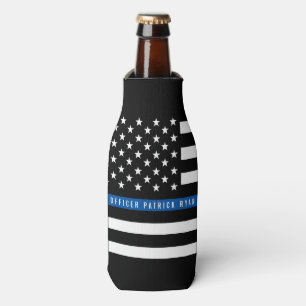 Police Thin Blue Line American Flag Monogram Name Bottle Cooler