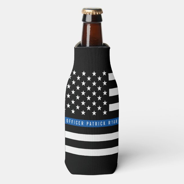 Police Thin Blue Line American Flag Monogram Name Bottle Cooler (Bottle Front)