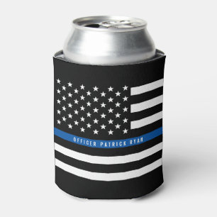 Police Thin Blue Line American Flag Monogram Name Can Cooler