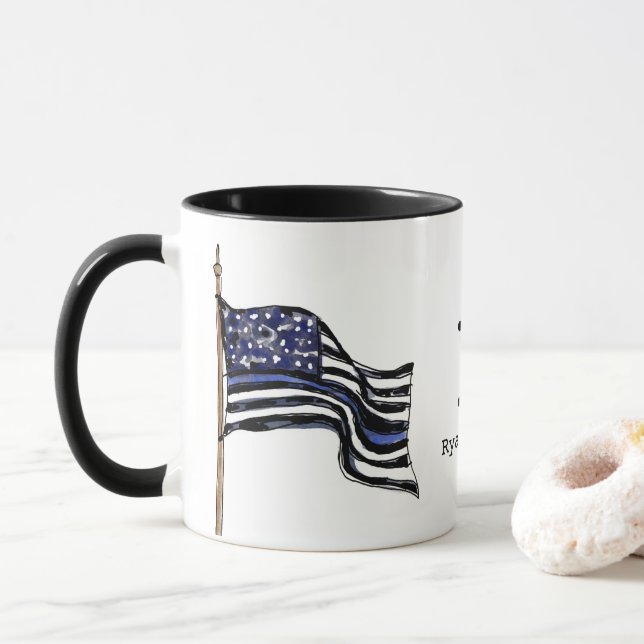 Police Thin Blue Line American Flag Monogram Name Mug (With Donut)