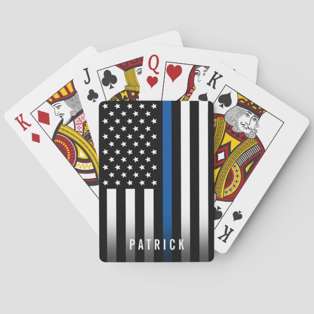 Police Thin Blue Line American Flag Monogram Name Playing Cards (Back)