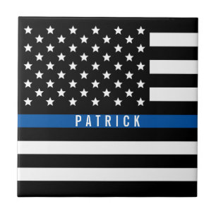 Police Thin blue Line American Flag Monogram Tile
