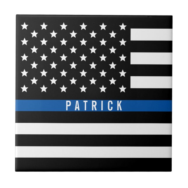 Police Thin blue Line American Flag Monogram Tile (Front)
