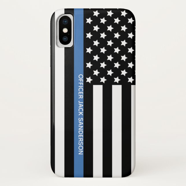 Police Thin Blue Line American Flag Officer Name Case-Mate iPhone Case (Back)