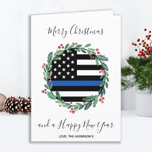 Police Thin Blue Line Christmas Wreath  Holiday Ca Card