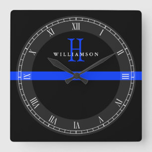 Police Thin Blue Line Custom Monogram Square Wall Clock