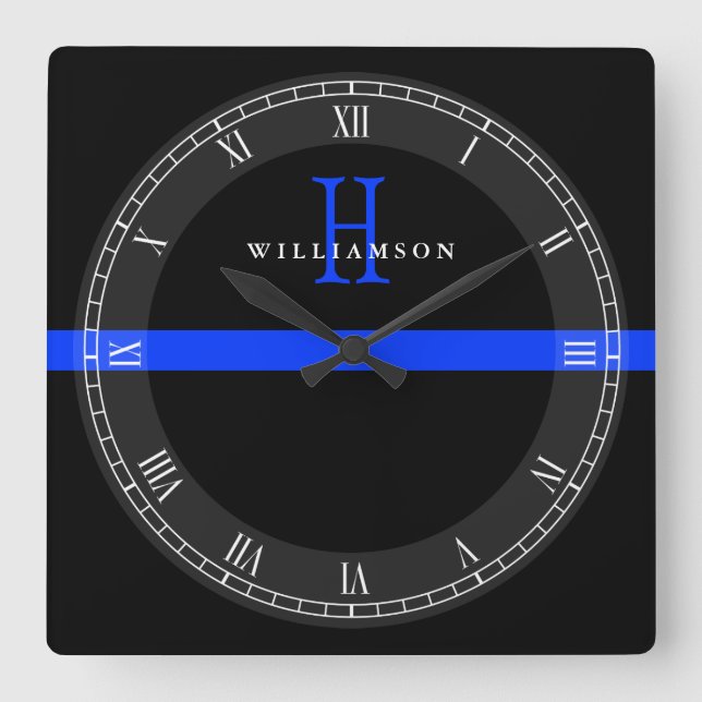 Police Thin Blue Line Custom Monogram Square Wall Clock (Front)