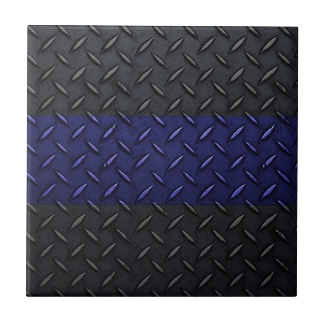 Police Thin Blue Line Diamond Plate Design Tile (Front)