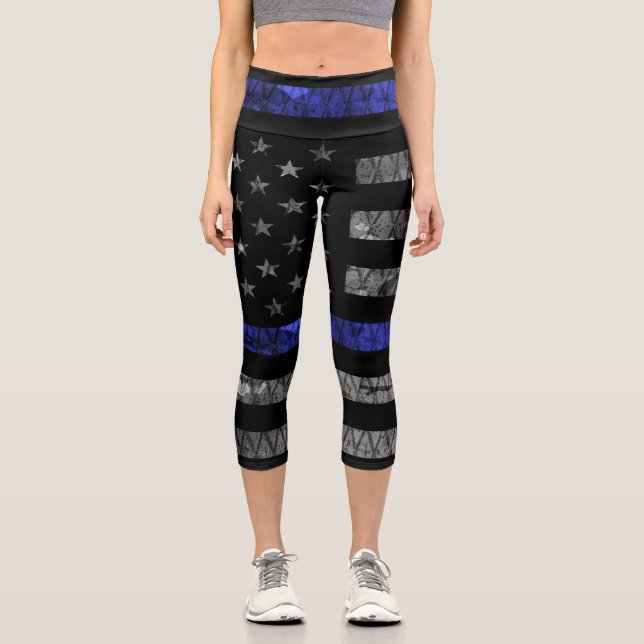 Police Thin Blue Line Flag Capri Leggings (Front)