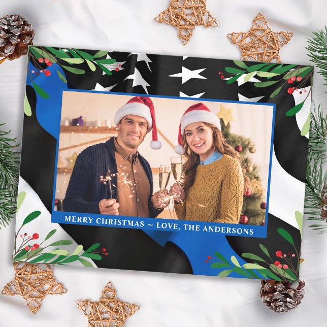 Police Thin Blue Line Flag Custom Photo Christmas Holiday Postcard (Creator Uploaded)