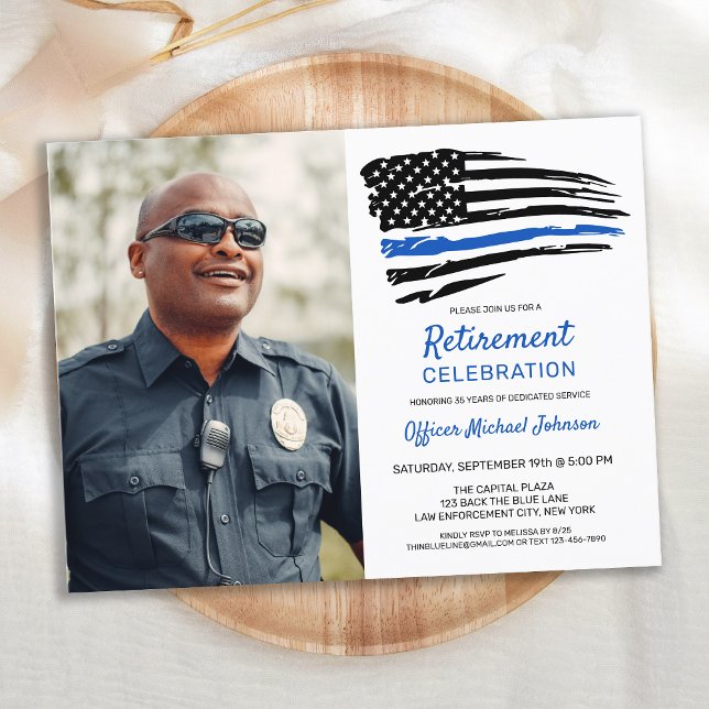 Police Thin Blue Line Flag Custom Photo Retirement Announcement Postcard (Creator Uploaded)