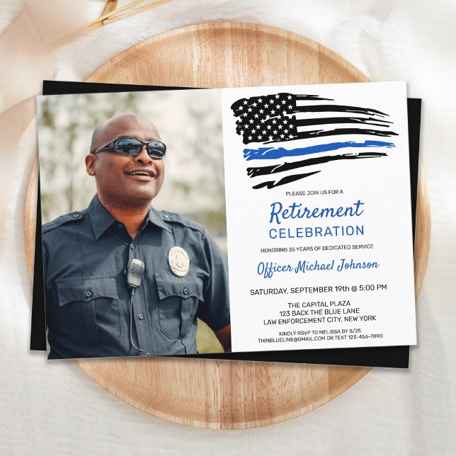 Police Thin Blue Line Flag Custom Photo Retirement Invitation (Creator Uploaded)