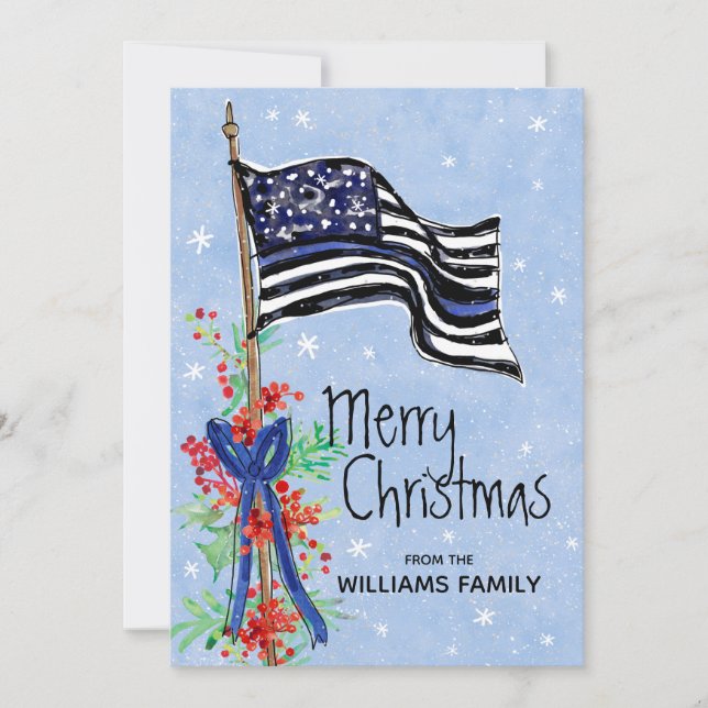 Police Thin Blue Line Flag Holly Red Berries Name Holiday Card (Front)