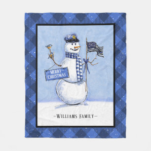 Police Thin Blue Line Flag Merry Christmas Snowman Fleece Blanket