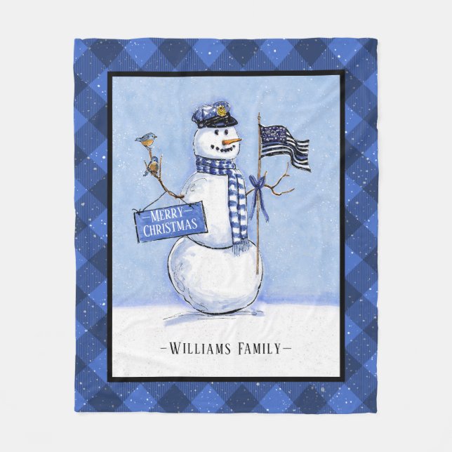 Police Thin Blue Line Flag Merry Christmas Snowman Fleece Blanket (Front)