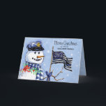 Police Thin Blue Line Flag Merry Christmas Snowman Holiday Card<br><div class="desc">This holiday card for police and law enforcement features a snowman wearing a police hat and blue plaid scarf carrying a thin blue line American flag and holding a sign that reads "Merry Christmas". Personalize with your name and greeting. Designed by world renowned artist Tim Coffey.</div>