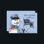 Police Thin Blue Line Flag Merry Christmas Snowman Holiday Card<br><div class="desc">This holiday flat card for police and law enforcement features a snowman wearing a police hat and blue plaid scarf carrying a thin blue line American flag decorated with festive red berries. Personalize with your name and greeting. Designed by world renowned artist Tim Coffey.</div>