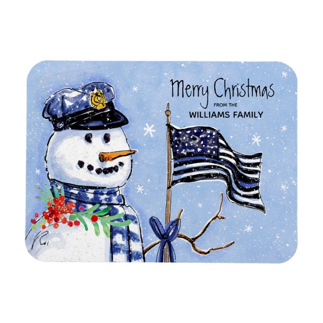 Police Thin Blue Line Flag Merry Christmas Snowman Magnet (Horizontal)